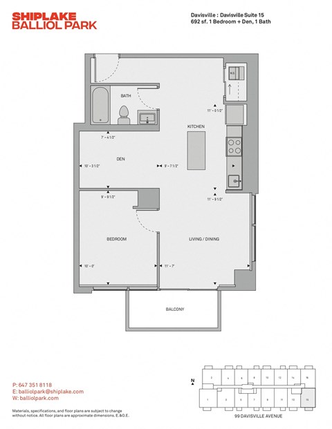 Floor plan for 1 bed, 1 bath, 692 sqft